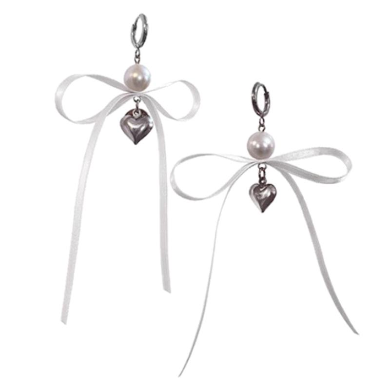 

Sweet Pearl Heart Pendant Earrings Ribbon Bowknot Dangle Earrings Ear Hooks Fashion Drop Earrings Valentines Day Jewelry
