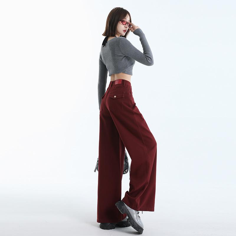 Design Sense Back Bag High Waist Wide Leg Jeans Women's Ankola Red Autumn New Loose and Skinny Casual Pants