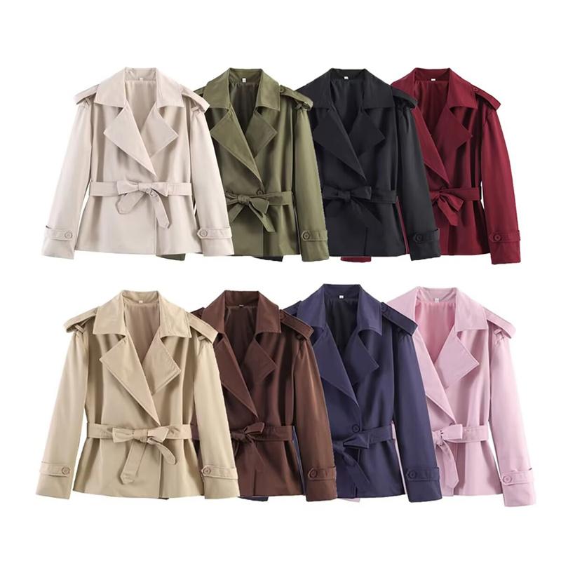 Women's Western-style Solid Color Belted Short Jacket Trench Coat Outerwear