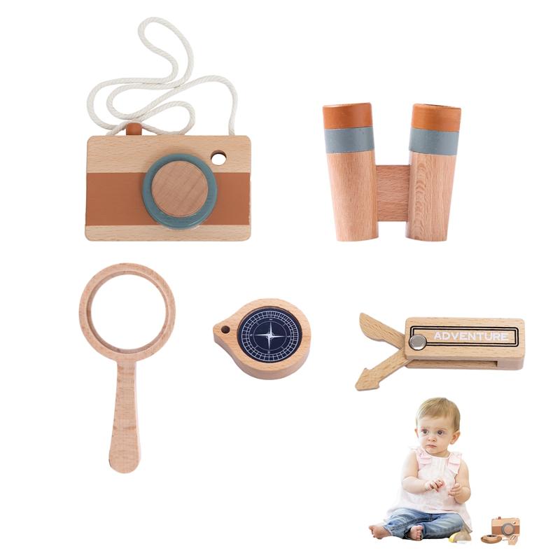 

5pcs Outdoor Adventure Set Wooden Toys Wooden Camera,Magnifying Glass,Telescope, Compass, Wooden Knife DIY Outdoor Adventure Set