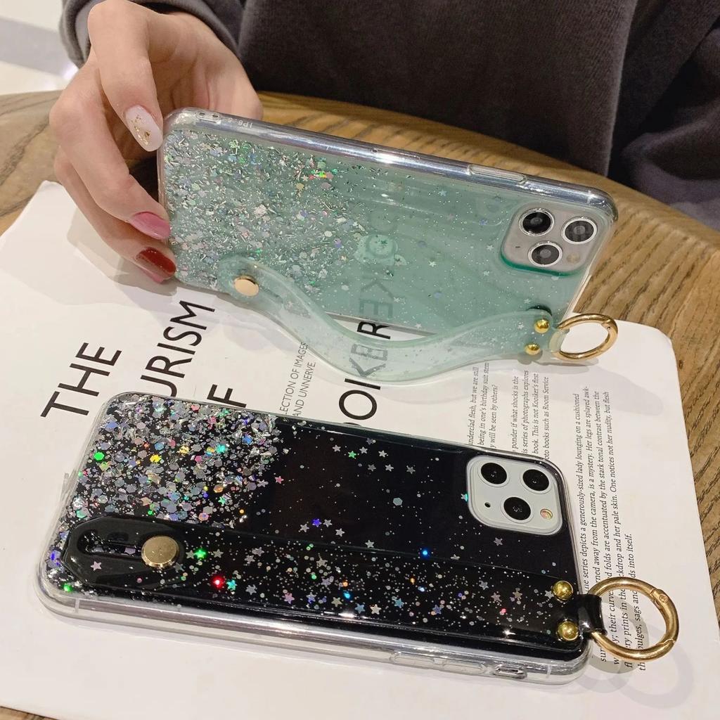 Glitter Shiny Star Sequins Wrist Strap Stand Case For iPhone 16 15 14 13 12 11 Pro Max Plus Mini XS XR X 87 Clear Silicone Cover