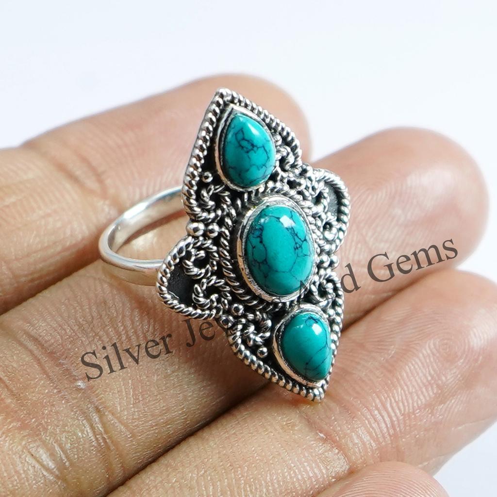 Handmade Sterling Silver Turquoise Multi Stone Boho Ring