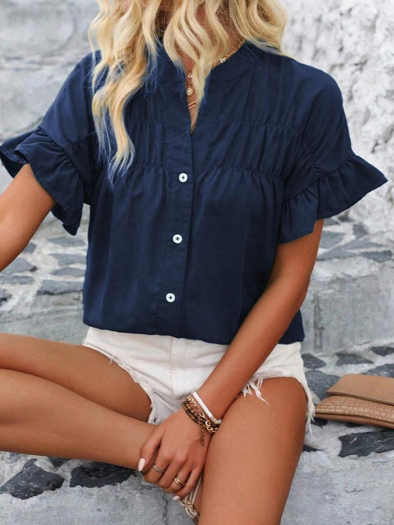 1116 European and American women's clothing casual short-sleeved pleated shirt button solid color cotton and linen stand-up collar shirt women