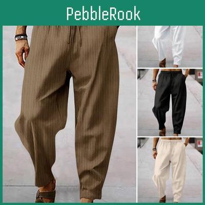 Pantaloni Bărbați cu Talie Elastică și Șnur Picior Larg Dungate Șezut Adânc Culoare Solidă Largi Moi Respirabili Pantaloni Sport de Trening