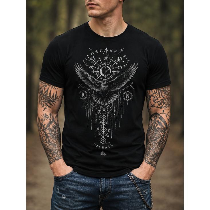 Men's Viking Raven Graphic T-Shirt Short Sleeve Crew Neck Soft Cotton Blend Norse Mythology Print Casual Wear for Outdoor & Daily Style