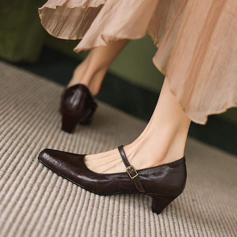 Krazing Pot Sheep Skin Summer Spring Autumn Winter Med Heels Women Round Toe Mary Janes Shallow Pumps