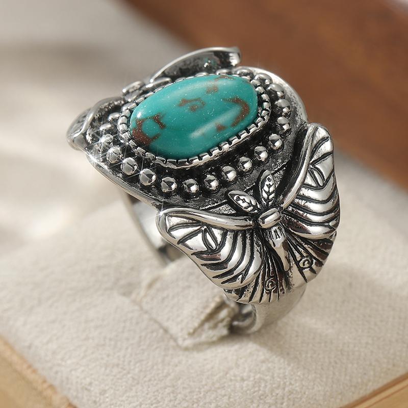 Vintage Inlaid Imitation Turquoise Women's Ring Ethnic CopperColor Hand Carving Bee Daily Wear Party Jewelry Anniversary Gift
