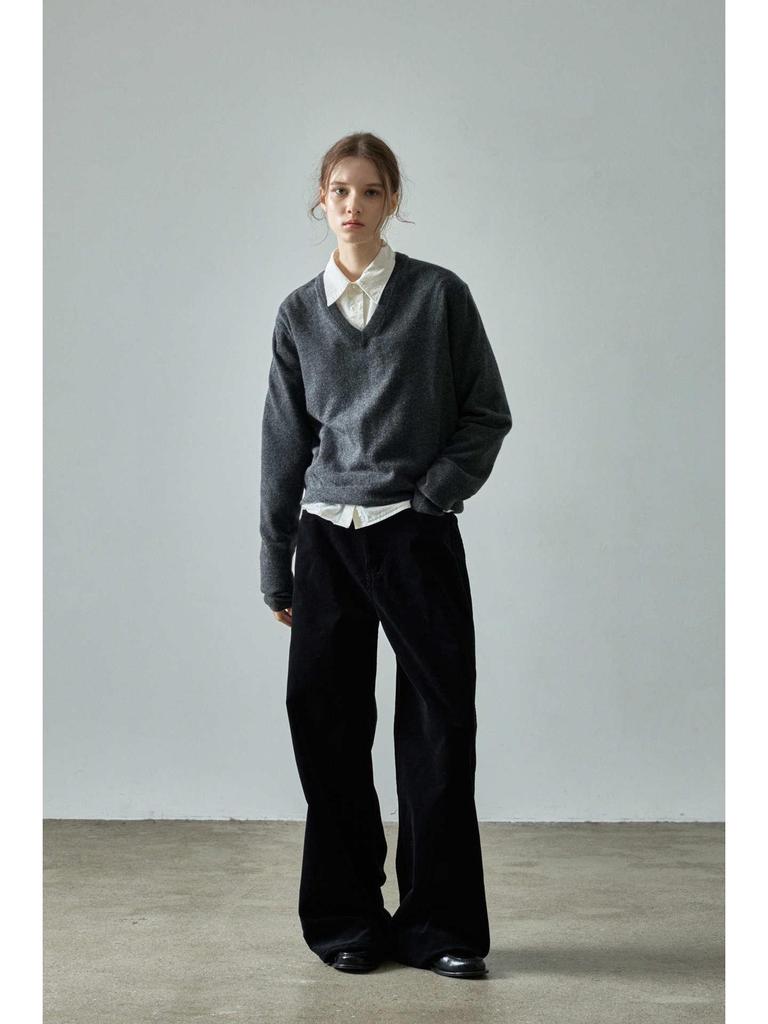 In-Stock: Women's V-Neck Wool Sweater - Fall/Winter Design, Simple Loose Fit, Slimming Knit Top
