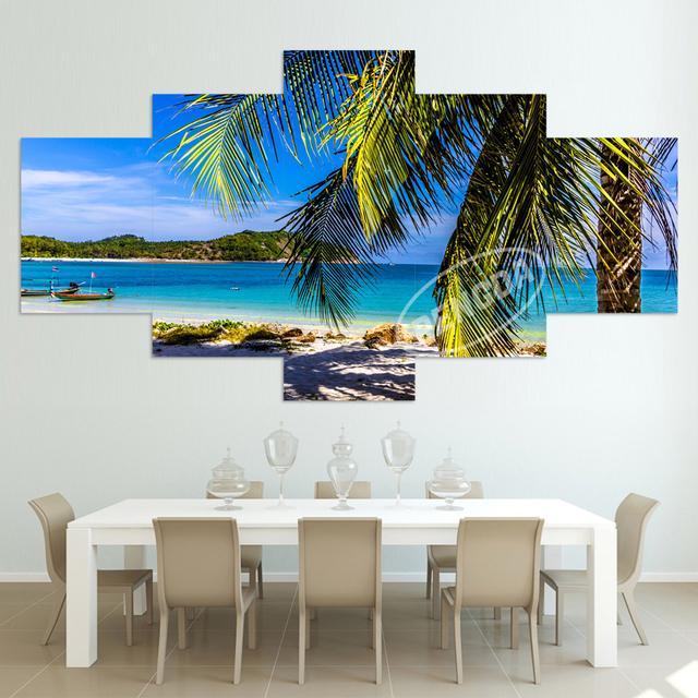 

Настенный художественный декор, каркас гостиной, 5 шт., морская вода, пальмы, солнечный свет, морской пейзаж, модульные картины, картины на холсте, HD-принты 40x60cm*2 40x80cm*2 40x100cm*1