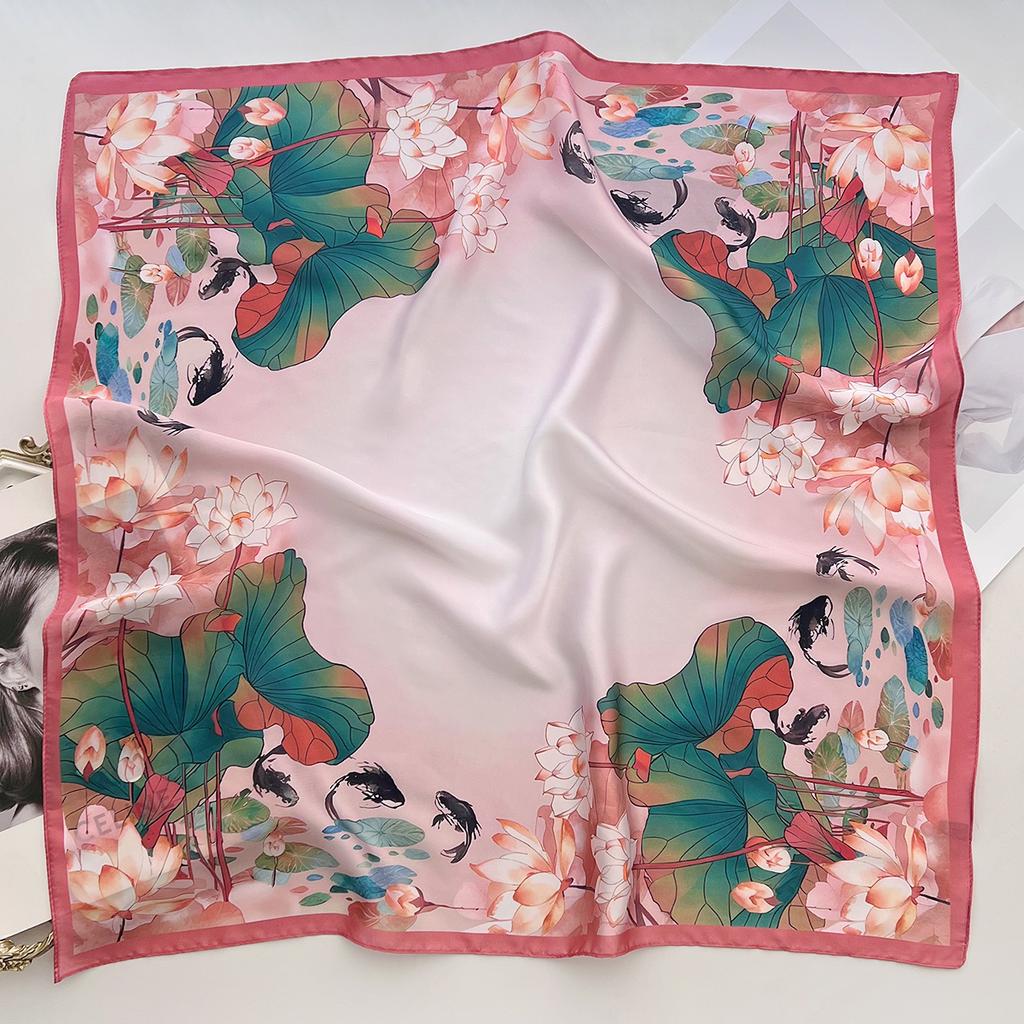 Spring National Style Literary Lotus Simulation Silk Scarf Light And Versatile Small Square Scarf Age-Reducing Accessories Headscarf