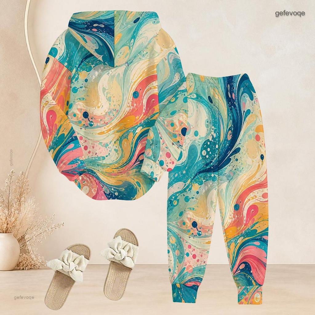Women Plus Size Two Piece Set Hooded Long Sleeve Top Cuffed Pants Pink Gradient Printed Casual Tracksuit