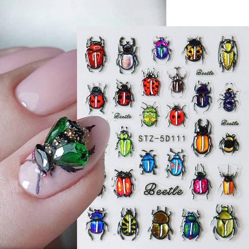 1 list Y2K ryté letní manikúrní nálepky hmyz nálepka na nehty beruška květina 5D samolepicí ozdoby na nehty