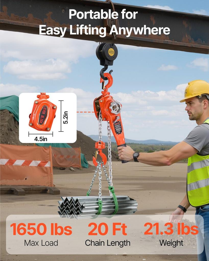 Manual Lever Chain Hoist, 3/4T 750KG Capacity Heavy Duty Come Along, 6M Lift G80 Alloy Steel Chain With Dual Pawl Mechanical Brake, 360° Rotating