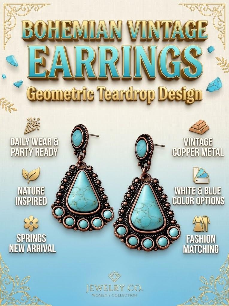 Bohemian Turquoise Geometric Drop Earrings Vintage Statement Dangle Earrings for Women Retro Fashion Jewelry Trendy Boho Accessories