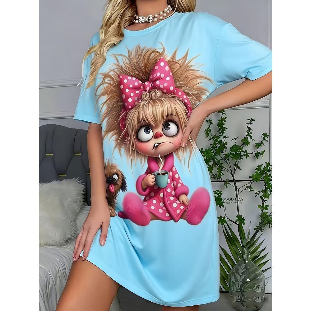 Casual Round T-Shirt Dress Featuring a Cute with Coffee And a Puppy Print