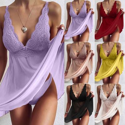 Women's Fashion Sexy Lace  Sexy  Sling Nightdress Solid Color Underwear