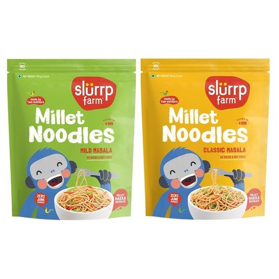 Slurrp Farm No Maida Hakka Noodles, Not Fried, No MSG, Classic Millet and Mild Millet Noodles Combo, Pack of 2, 192g Each 400GM