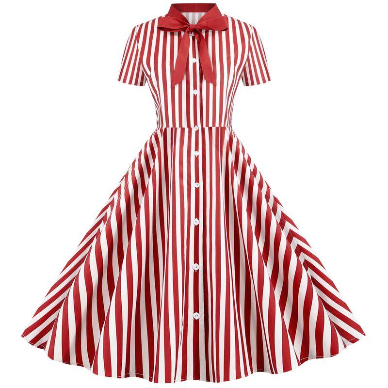 

Women s Striped Polka Dot Stand Collar Dress Short Sleeve Red M