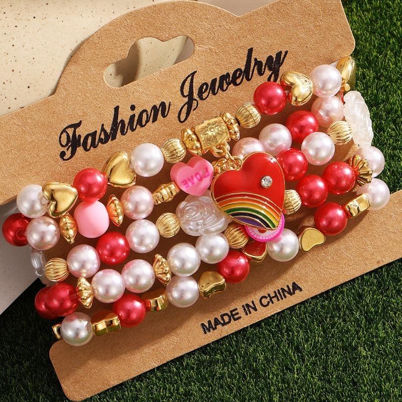 Valentine's Day Bracelet Multi-layer Stacked Pink Love Pendant Bracelet Soft Pottery Beaded Elastic Bracelet