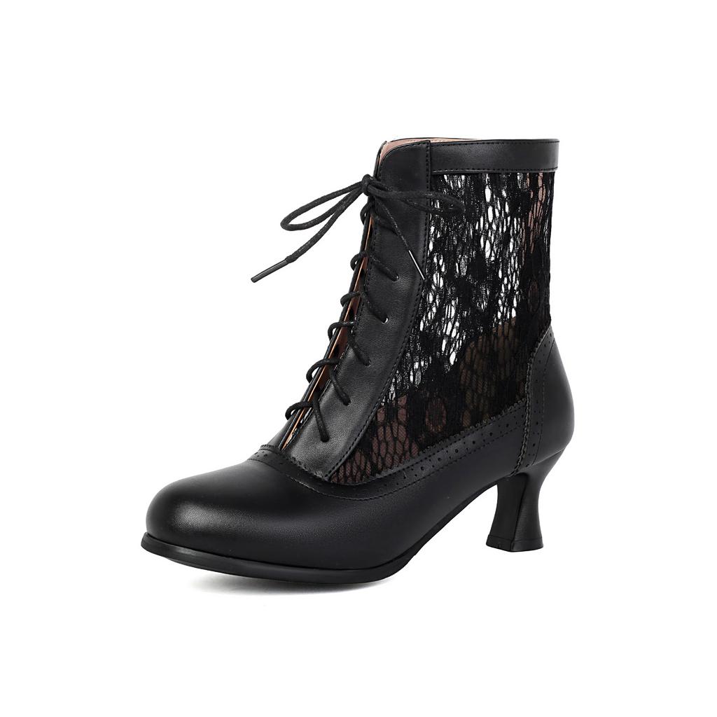Splicing Lace Mesh Boots Spring And Autumn Women'S Boots Lace-Up Short Knight Boots Middle Heel Boots 40-43 Large Size Boots