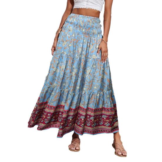 Beach Skirt Elastic High Waisted Skirt Ruffle Splicing A-Line Women Pleated Large Hem Floral Print Maxi