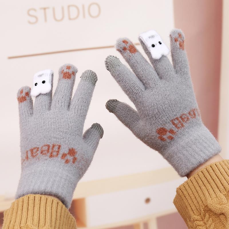 Knitted Thermal Gloves Winter New Velvet Thermal Women's Gloves Cute Bear Five-finger Cold-proof Gloves