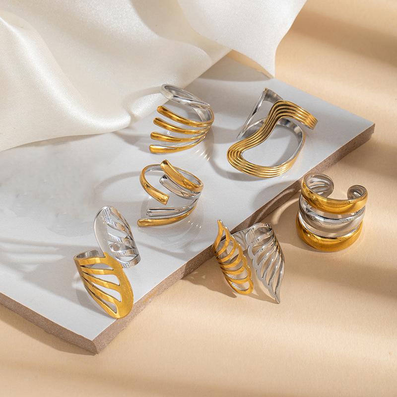 Stainless Steel Geometric Hollow Ring for Neutral Irregular Two Tone Open Ring Fashion Exquisite Colorfast Banquet Jewelry Gifts