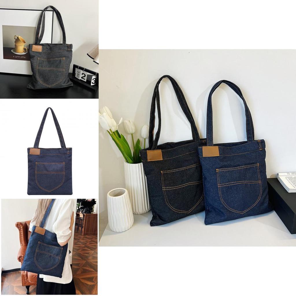 Denim Shoulder Bag Large Capacity Shopping Tote With Zipper For Daily Use