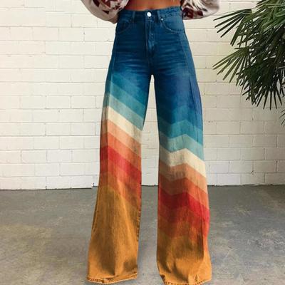 Women Casual Trousers Colorful 3D Floral Printing Flared Leg High Waist Plus Size Jeans