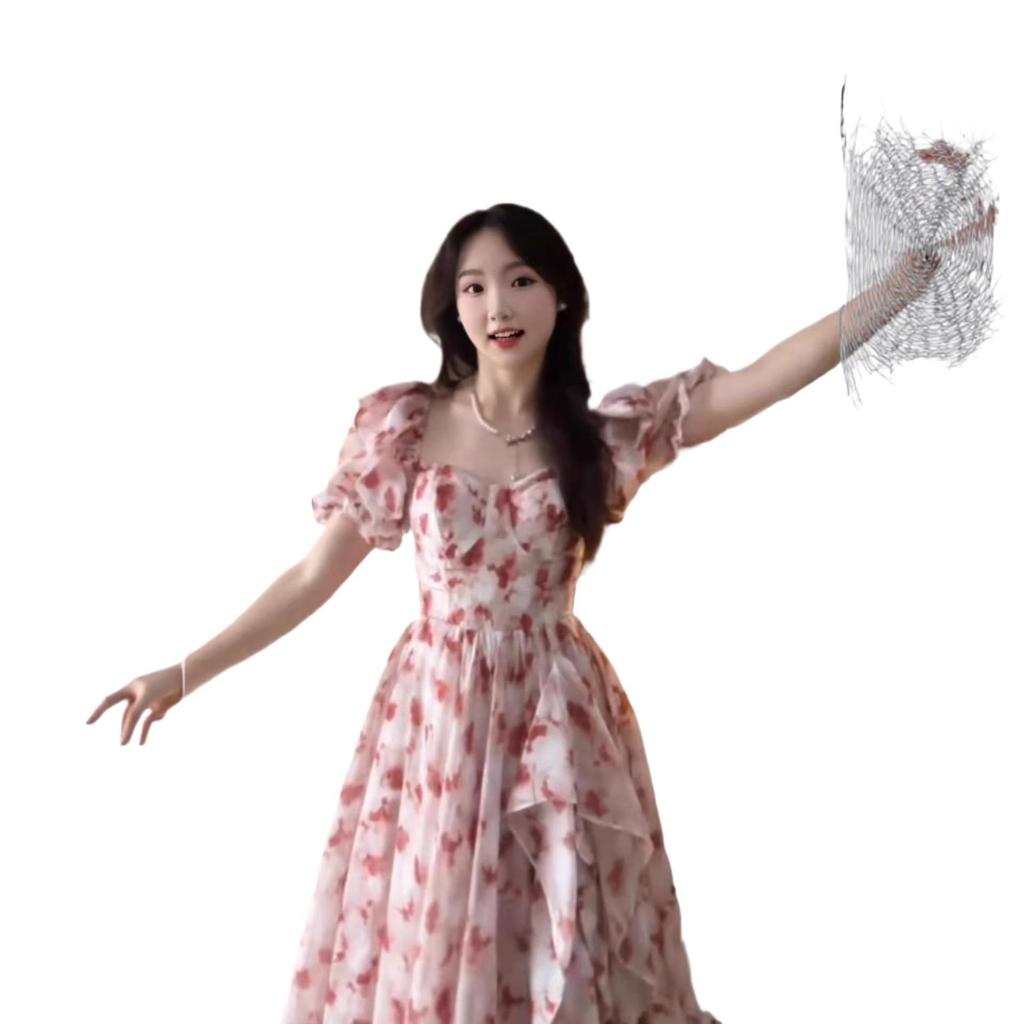 French sweet floral off-the-shoulder square collar dress for women's summer 2026 new gentle temperament medium and long princess dress