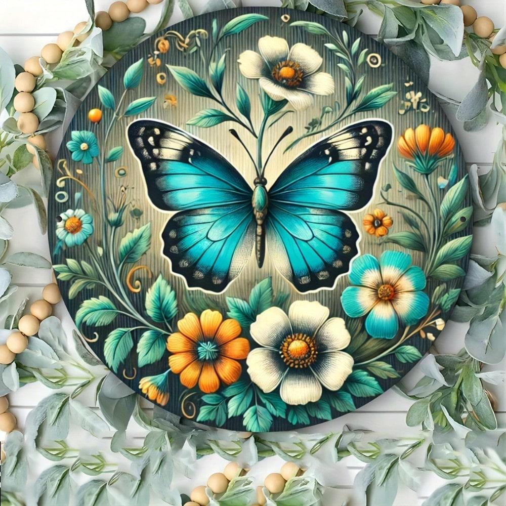 

Retro Round Blue Butterfly Garden Metal Tin Sign Vintage Rustic Wall Art Decor 20x20 разноцветный