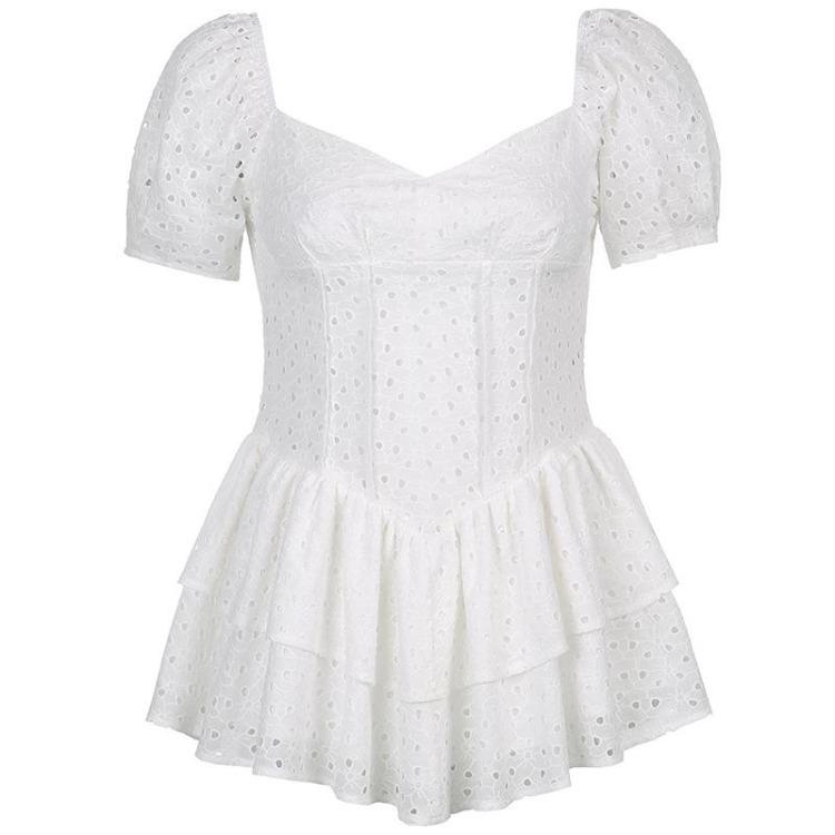 Vintage Hollow Out Corset Dress Women Fashion V Neck Ruffles Pleated Puff Sleeve Chic Black Summer Party Ladies Dress