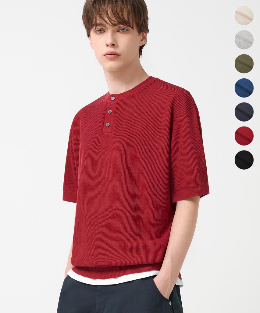 TRILLION Washable Linen Crop Henley Neck Short Sleeve Knit_7 Colors (Type A)