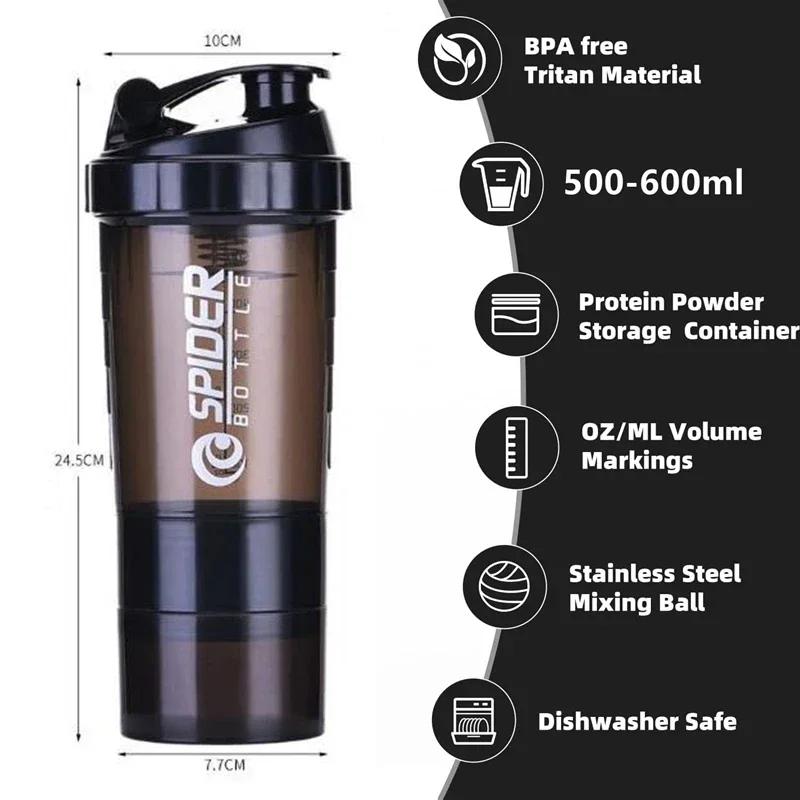 Tragbarer Protein-Shaker-Becher, 500 ml, mit Pulver-Aufbewahrungsbehälter, Mixerbecher, Fitnessstudio-Sport-Wasserflasche mit Schneebesenball, Trinkgeschirr