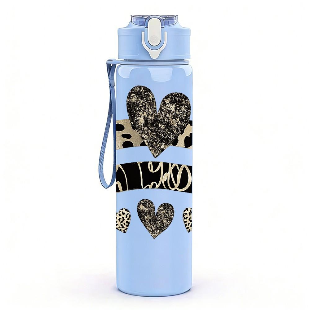 1PC Leopard Bow Heart Ribbon Print 750ml Color Plastic Sports Water Bottle Leakproof Flip Straw Lid Suitable for Sports Office Home Use