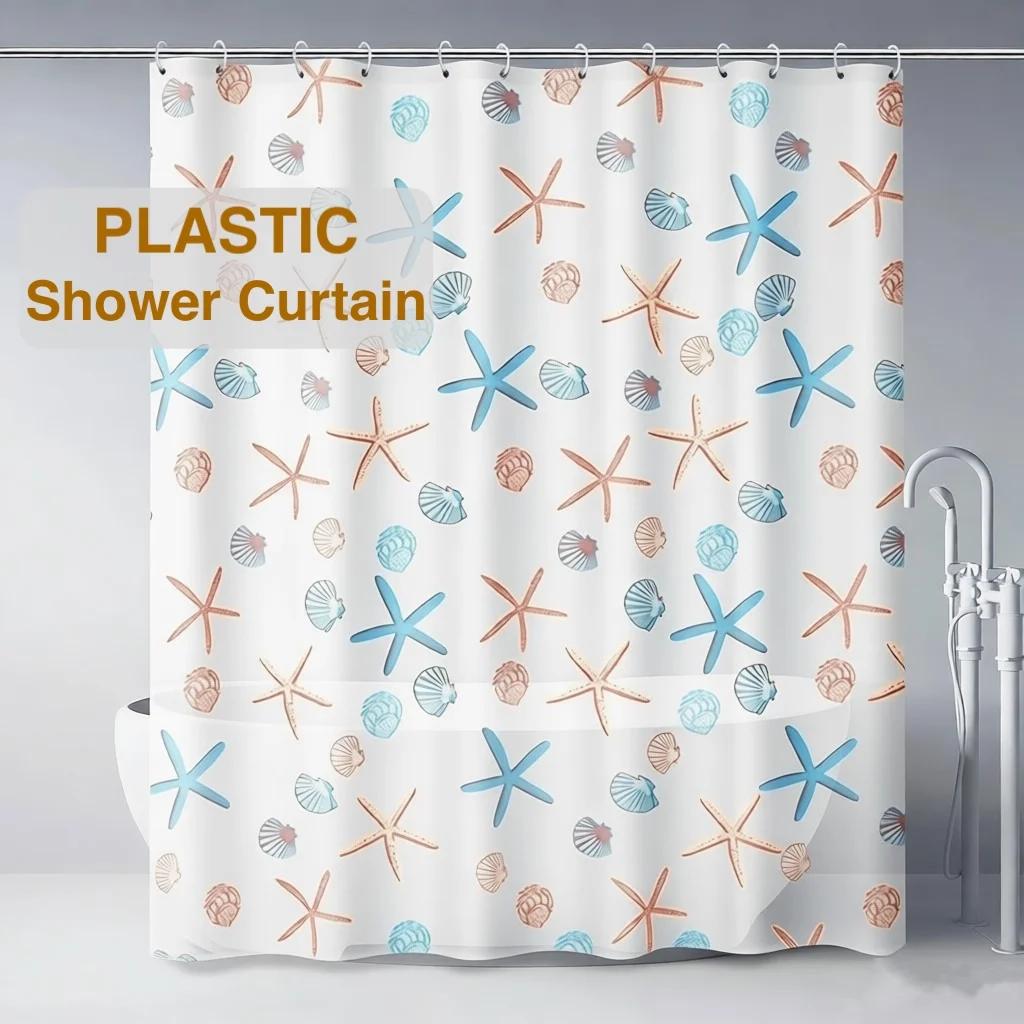 1pc Starfish Waterproof Shower Curtain with Plastic Hooks Lightweight Plastic Bathroom Curtain Bath Curtain Bathroom Partitions