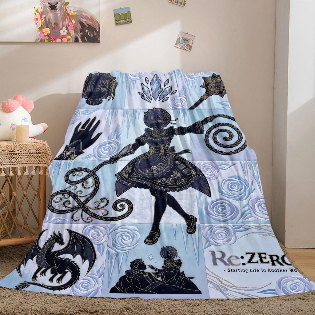 ReZero Fresh 2D Cartoon Flannel Blanket, Printed Pattern for Bed, Cozy Home Decor Travel Picnic Mat_LIAN