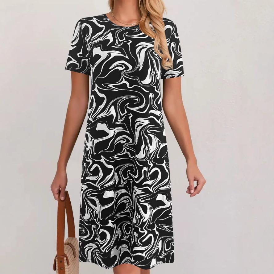 YYFS Women's Fashion Summer Spring Flower Pattern Print Short Sleeve O-Neck Loose Waistline Casual Dresses