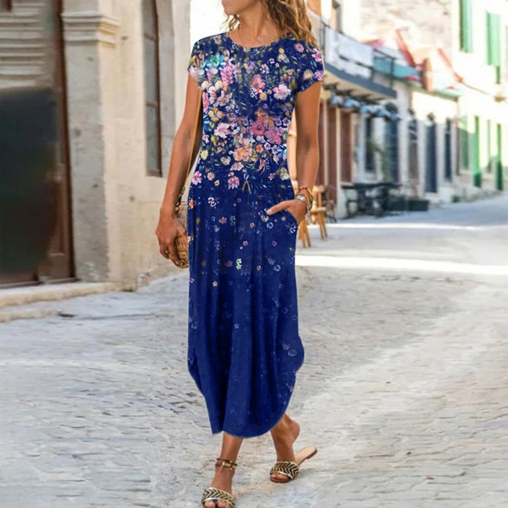 Women's Round Neck Pocket Short Sleeve Pullover Fashion Printed Dresses
