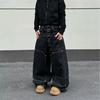 American retro double waist eight-ring buckle stud retro original cow Baggy loose straight street logging jeans