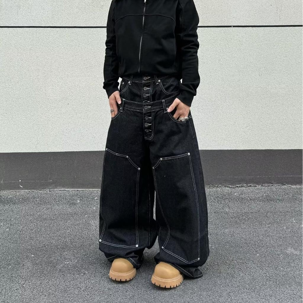 American retro double waist eight-ring buckle stud retro original cow Baggy loose straight street logging jeans