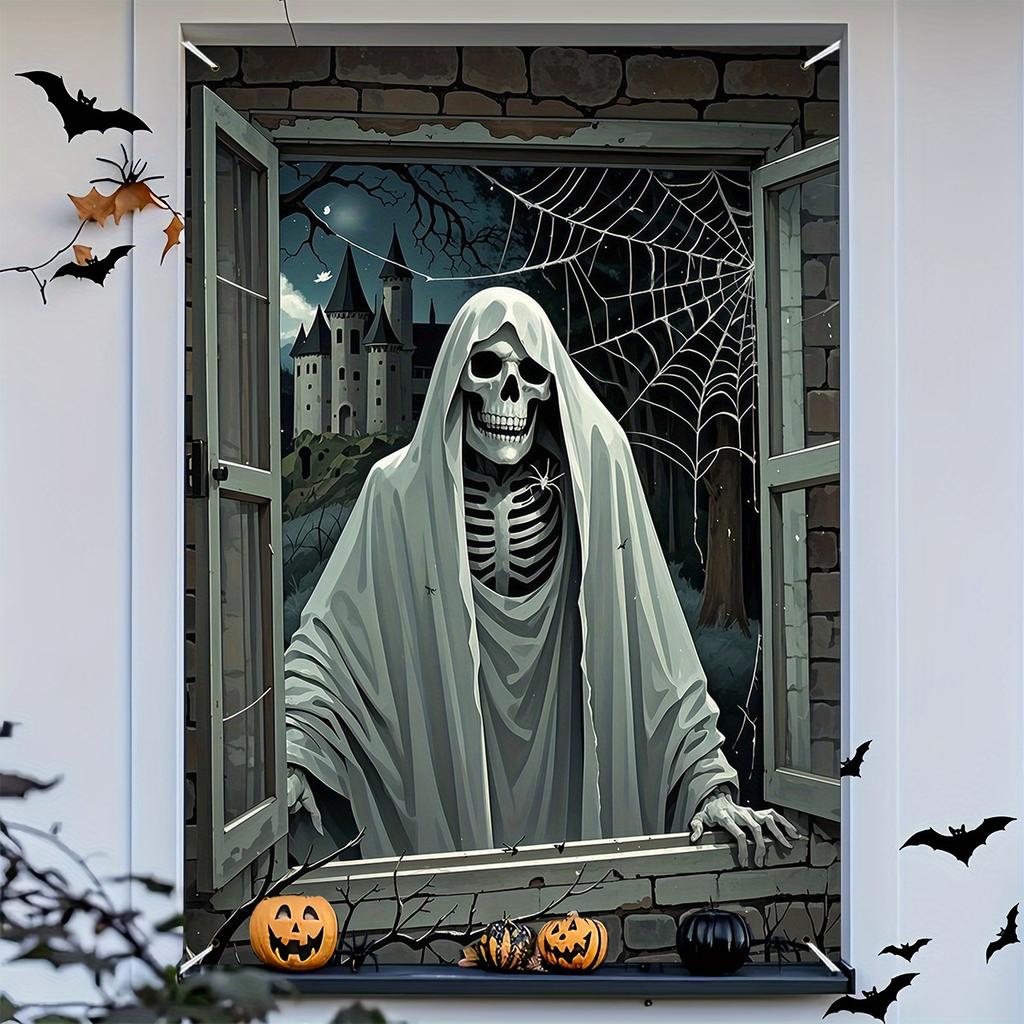 Party banner, 1 piece, made of polyester, Halloween horror-themed window decoration, with a white robe frame design