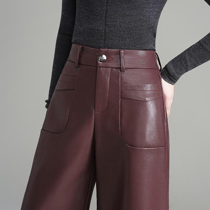 2025 Autumn/Winter Women's Black Sheepskin Leather Wide-Leg Pants