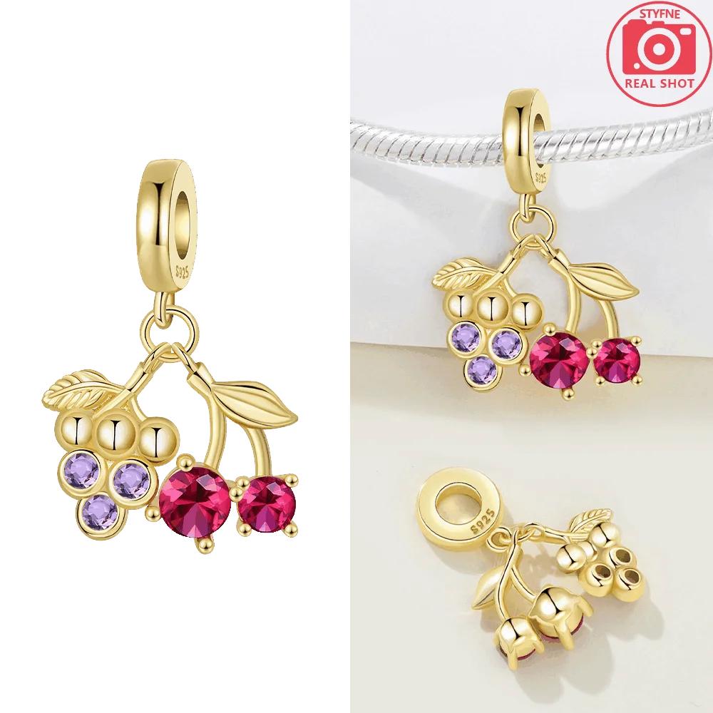 Flower Grape Cherry Fruit Original Copper Pendant Purple Orchid Flower Bouquet Bead Fit Bracelet Women Jewelry Fine Gift Diy