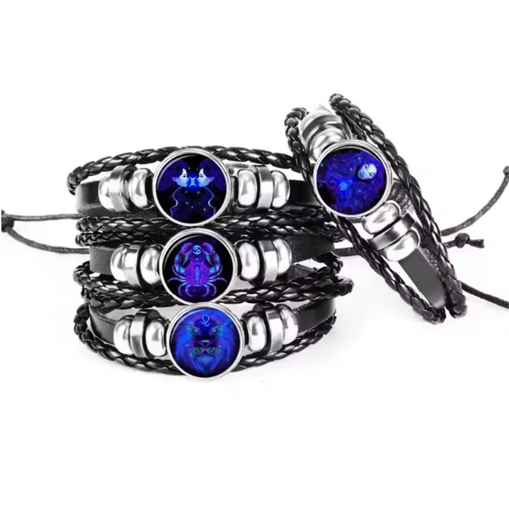 12 Sternbilder Sternzeichen Schwarzes geflochtenes Lederarmband Krebs Löwe Jungfrau Waage Gewebtes Glaskuppelschmuck Punk Herrenarmband