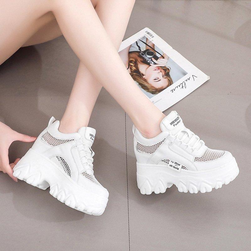 Scarpe che aumentano l'altezza per donna, Scarpe vecchie, Scarpe estive in rete traspirante, Scarpe casual con plateau, Scarpe bianche