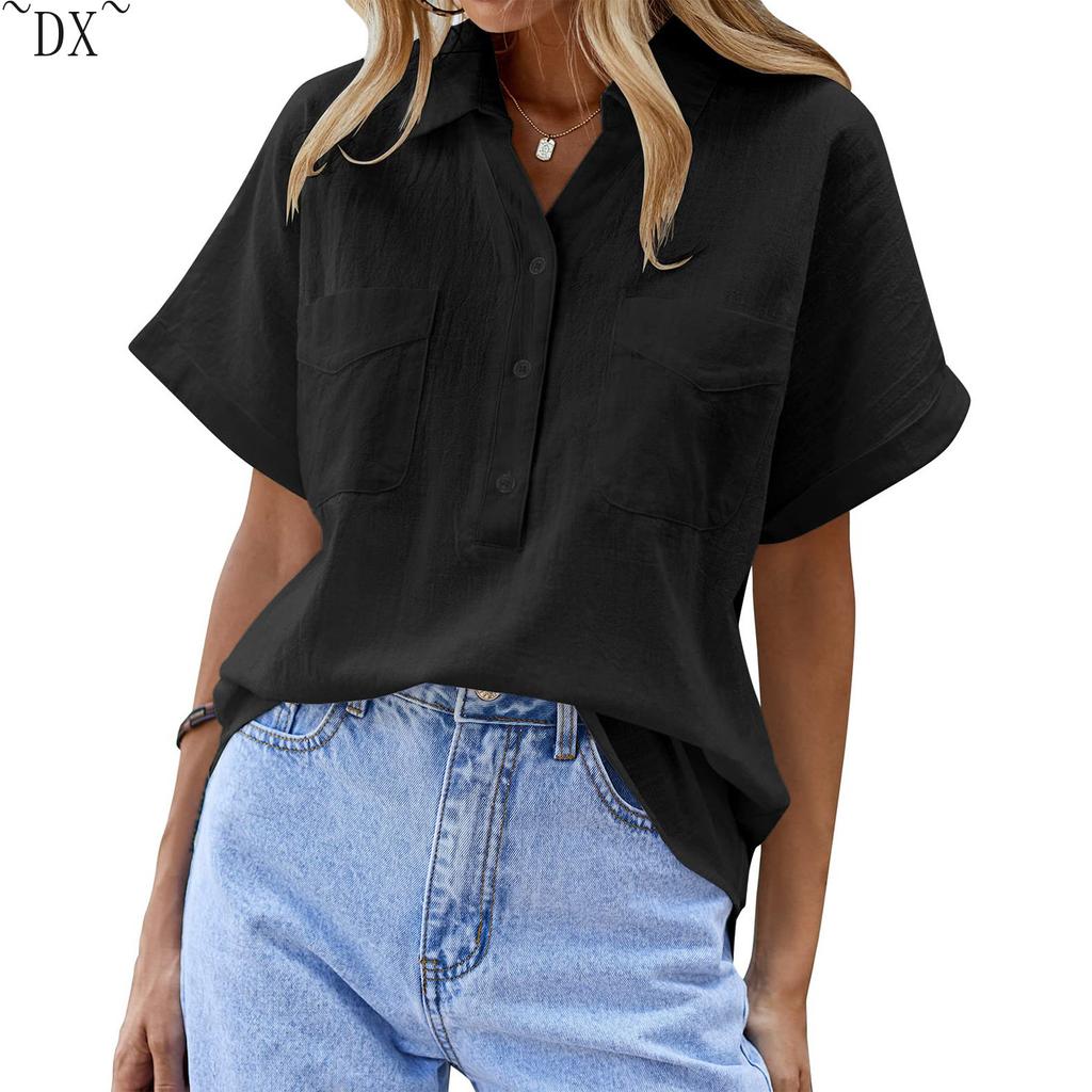 DX~Women's Cotton Linen Shirt Short Sleeved Henry Shirt Button Up V-neck Casual Work Top with Two Pockets