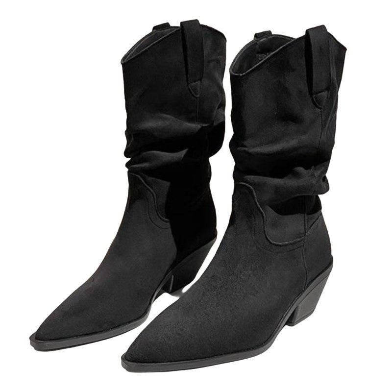 Western Cowboy Boots Thick Heel Retro Short Boots Women's 2025 New Thin High Heel Pointed Thick Heel Pleated Pile Boots Tide