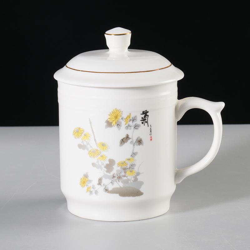 Meilan bamboo chrysanthemum ceramic teacup household large-capacity water cup with lid office meeting cup gift cup set lettering