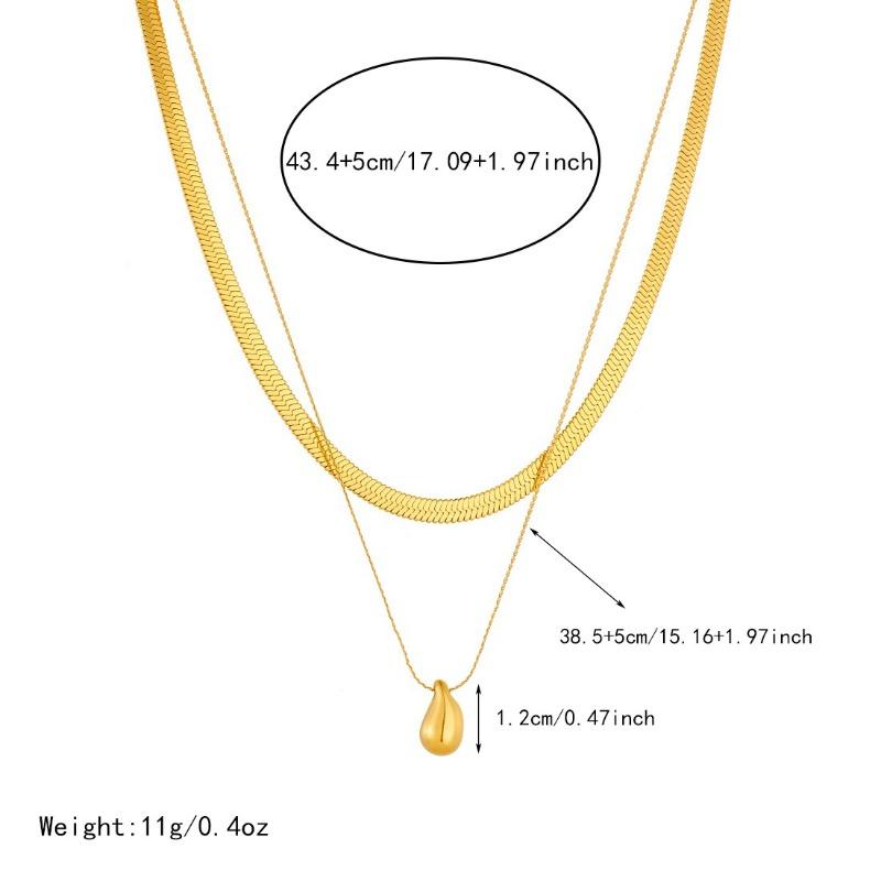 Gold Plated Layered Herringbone Chain Teardrop Pendant Necklace